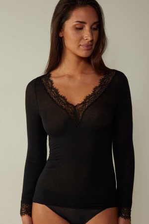 Camasa Intimissimi Modal Cashmere Ultralight Long Lace Dama Negrii | EHUNKB-672