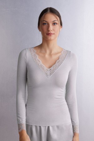 Camasa Intimissimi Modal Cashmere Ultralight Long Lace Dama Gri | MXYTHQ-594