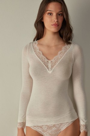 Camasa Intimissimi Modal Cashmere Ultralight Long Lace Dama Galbeni Deschis | CBTEFD-138