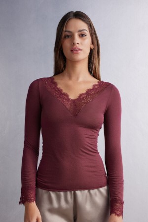 Camasa Intimissimi Modal Cashmere Ultralight Long Lace Dama Rosii | XKMBUW-246