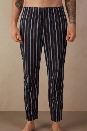 Pantaloni Intimissimi Striped Full Length In Plain-Weave Cotton Barbati Albastri | KUQIHG-547