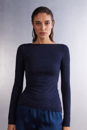 Pulover Intimissimi Crewneck In Modal Light With Cashmere Lamé Dama Albastri | RVMEWX-483