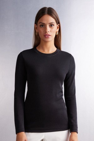 Pulover Intimissimi Wool Cotton Crewneck Dama Negrii | RYCNKS-406