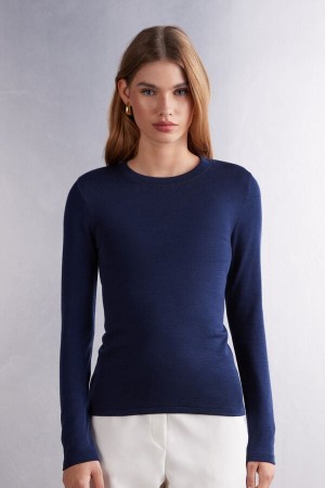 Pulover Intimissimi Wool Cotton Crewneck Dama Albastri | HPFKTO-384