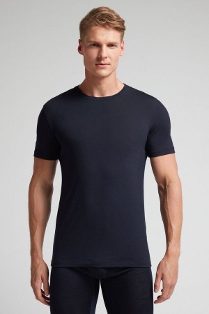 Tricou Intimissimi Stretch Merino Wool Short-Sleeve Barbati Negrii | NSCZQD-684