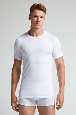 Tricou Intimissimi Stretch Superior Cotton Barbati Albi | BNXHTU-876