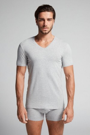 Tricou Intimissimi Stretch Superior Cotton V-Neck Barbati Gri Deschis | QPWIVN-716