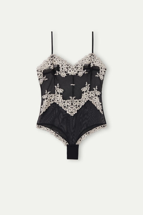 Body Intimissimi Pretty Flowers Tulle And Lace Dama Negrii Albi | RWDVCT-829