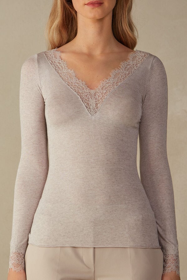 Camasa Intimissimi Modal Cashmere Ultralight Long Lace Dama Bej | WAYBDI-340