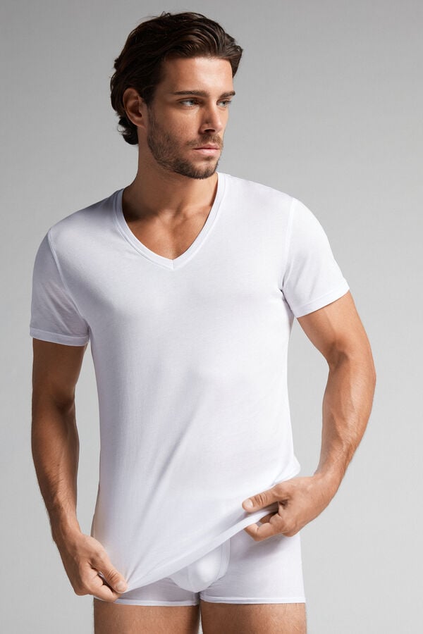 Tricou Intimissimi Extrafine Superior Cotton V-Neck Barbati Albi | VQDUAG-063