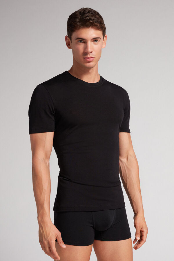 Tricou Intimissimi Stretch Merino Wool Short-Sleeve Barbati Negrii | MLSKJP-017