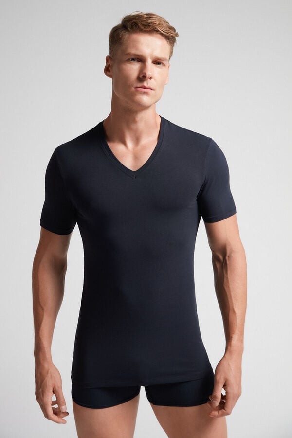 Tricou Intimissimi Stretch Superior Cotton V-Neck Barbati Negrii | POFSKJ-137